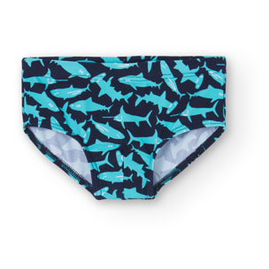 Bañador slip niño estampado, tiburones, azul marino