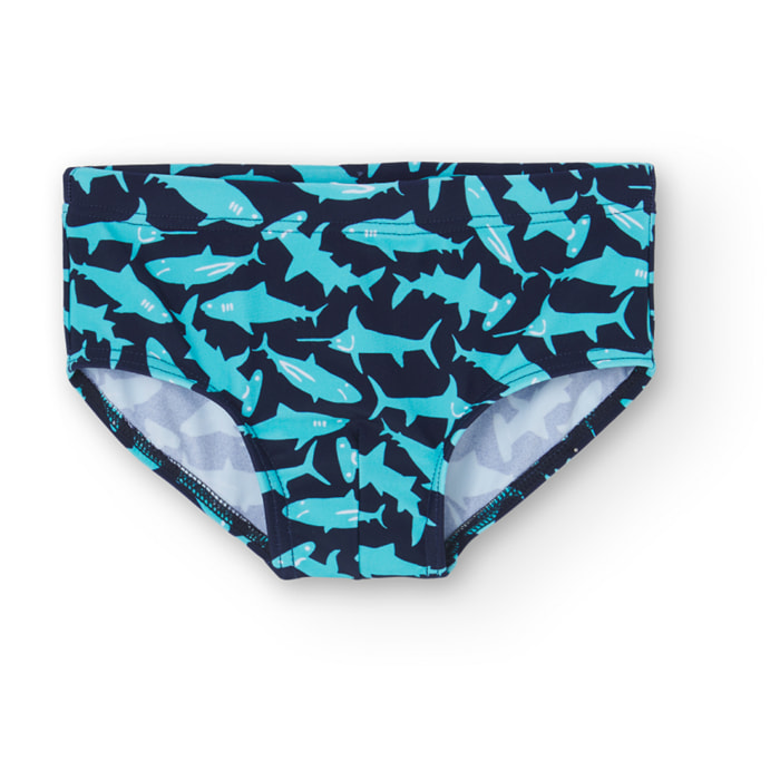 Bañador slip niño estampado, tiburones, azul marino