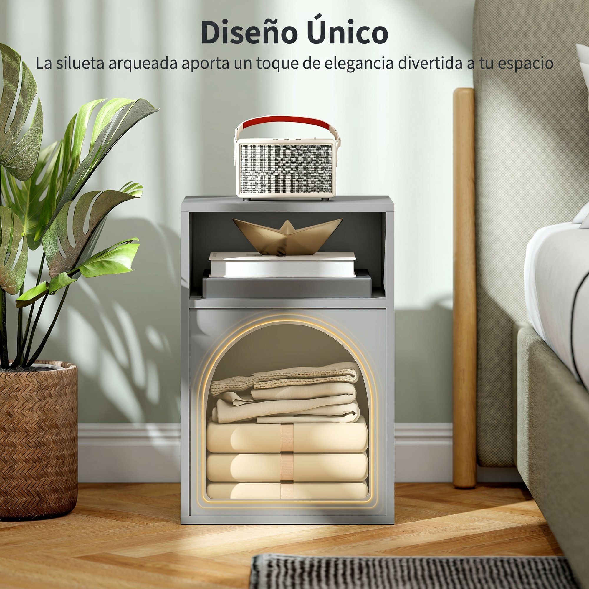 Mesita de Noche Moderna Mesilla de Noche Estrecha con 2 Compartimentos Abiertos Diseño en Forma de Arco Mesa Auxiliar para Salón Dormitorio 40x30x60 cm Gris