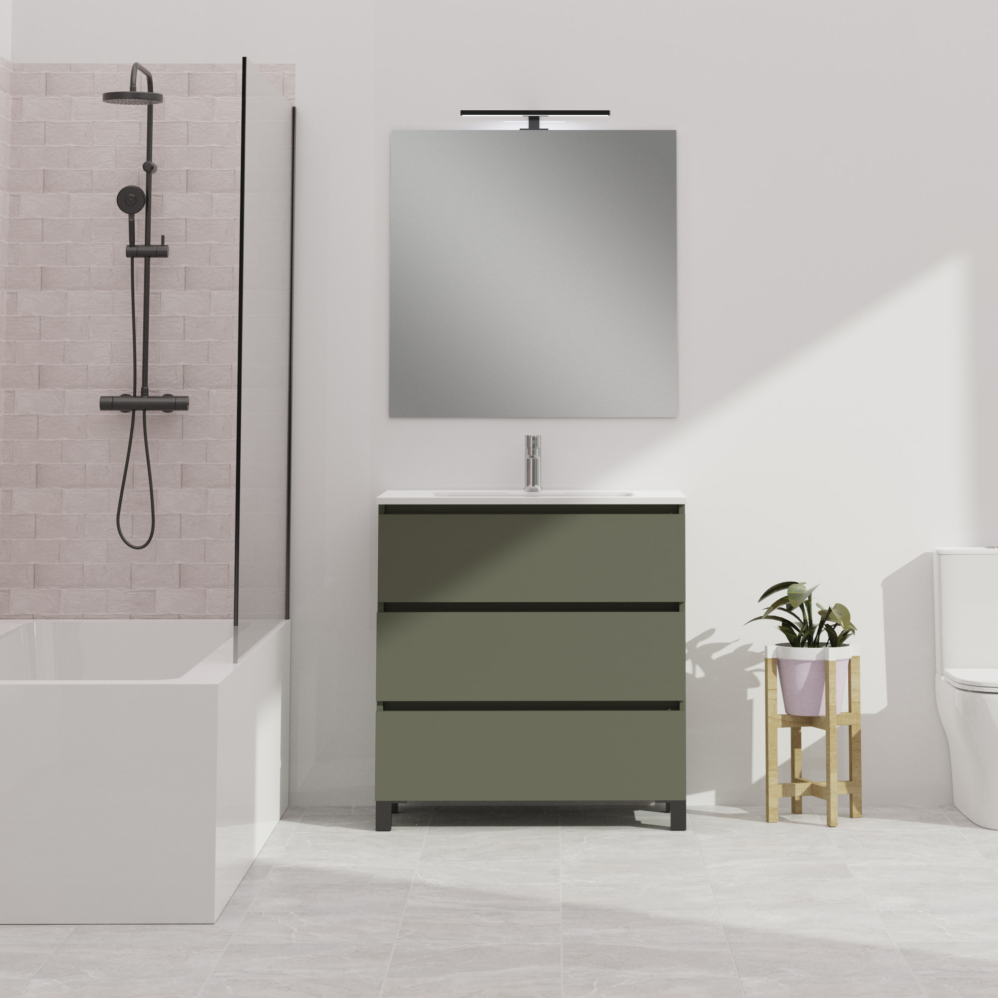 Conjunto de baño Wink | 90 cm Verde Musgo | Tres cajones | Lavabo encastrado | No incluye espejo | Mueble montado | Alday