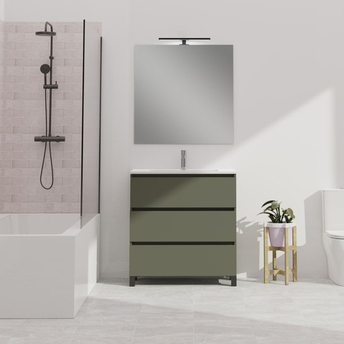 Conjunto de baño Wink | 90 cm Verde Musgo | Tres cajones | Lavabo encastrado | No incluye espejo | Mueble montado | Alday