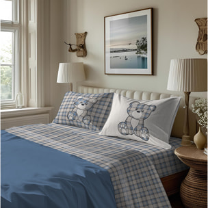 Completo letto in flanella tartan orsetto azzurro flanella 100% cotone