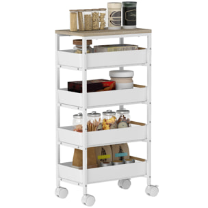 Carro de Cocina de Almacenamiento de 5 Niveles Carrito Auxiliar con Ruedas Tablero Efecto Madera y 4 Cajones Extraíbles Carrito de Cocina para Comedor Salón 39,5x24x82 cm Blanco