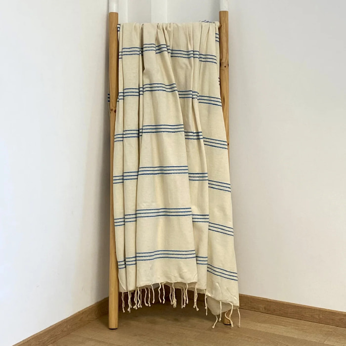 Fouta plate traditionnelle - Calliope Écru/Royal - 200x200cm - 190g/m²