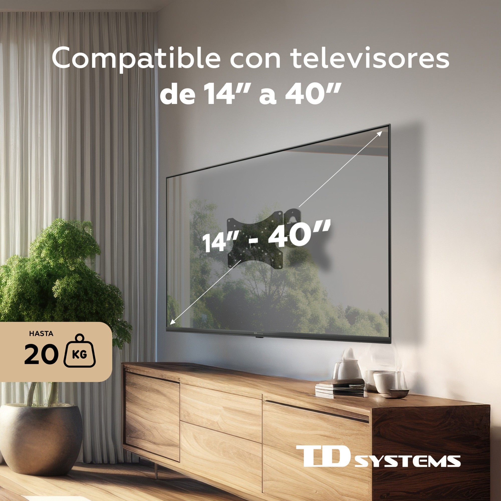 Soporte de TV pared articulado e inclinable de perfil bajo para pantallas de 14 a 40 pulgadas. VESA máximo de 200 x 200 mm - TD Systems P20X25A122