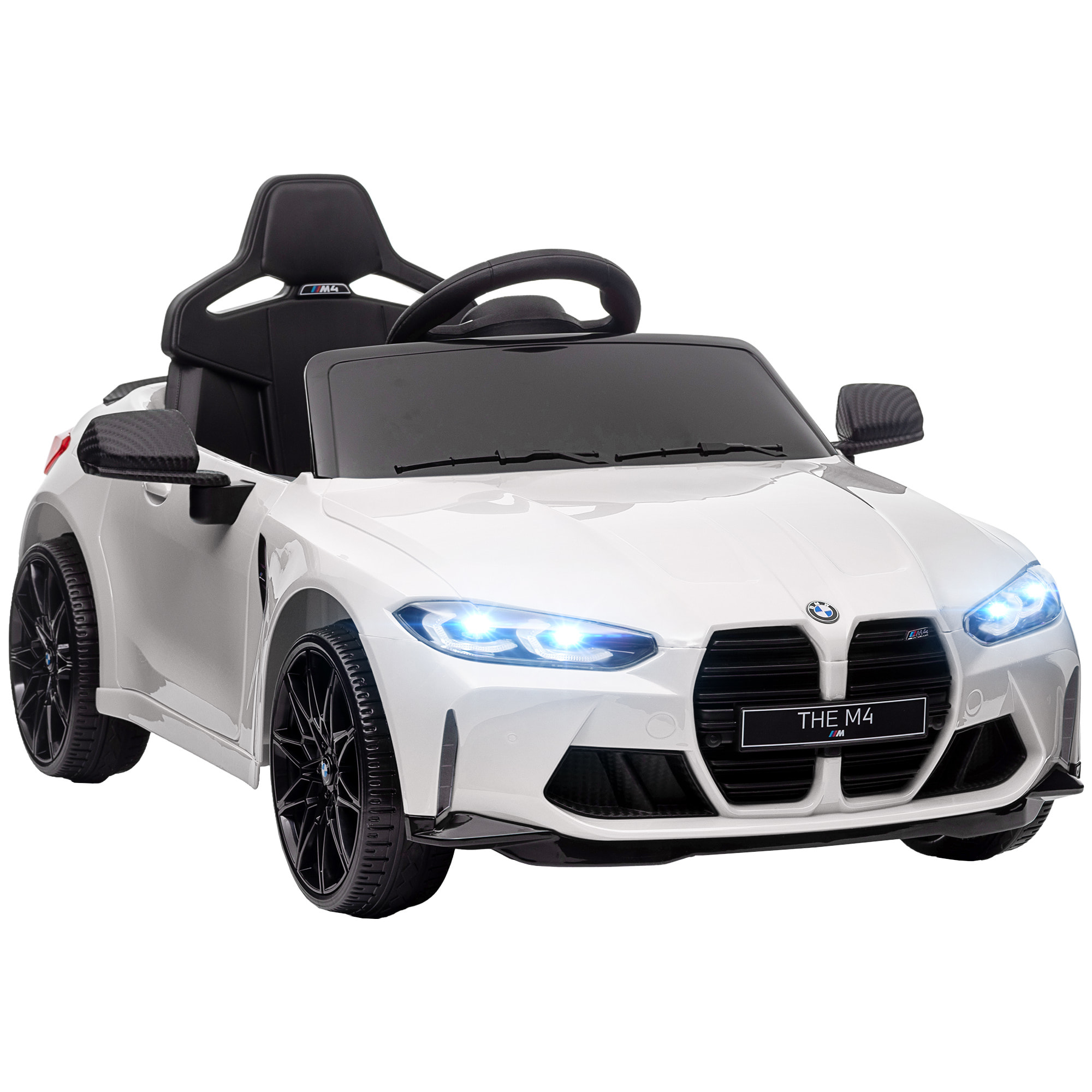 Coche Eléctrico para Niños, BMW M4, Coche de Batería 12V, con Mando a Distancia 2,4 G, Ruedas Traseras con Suspensión, Faros LED, Música, USB, Motor Doble, Blanco