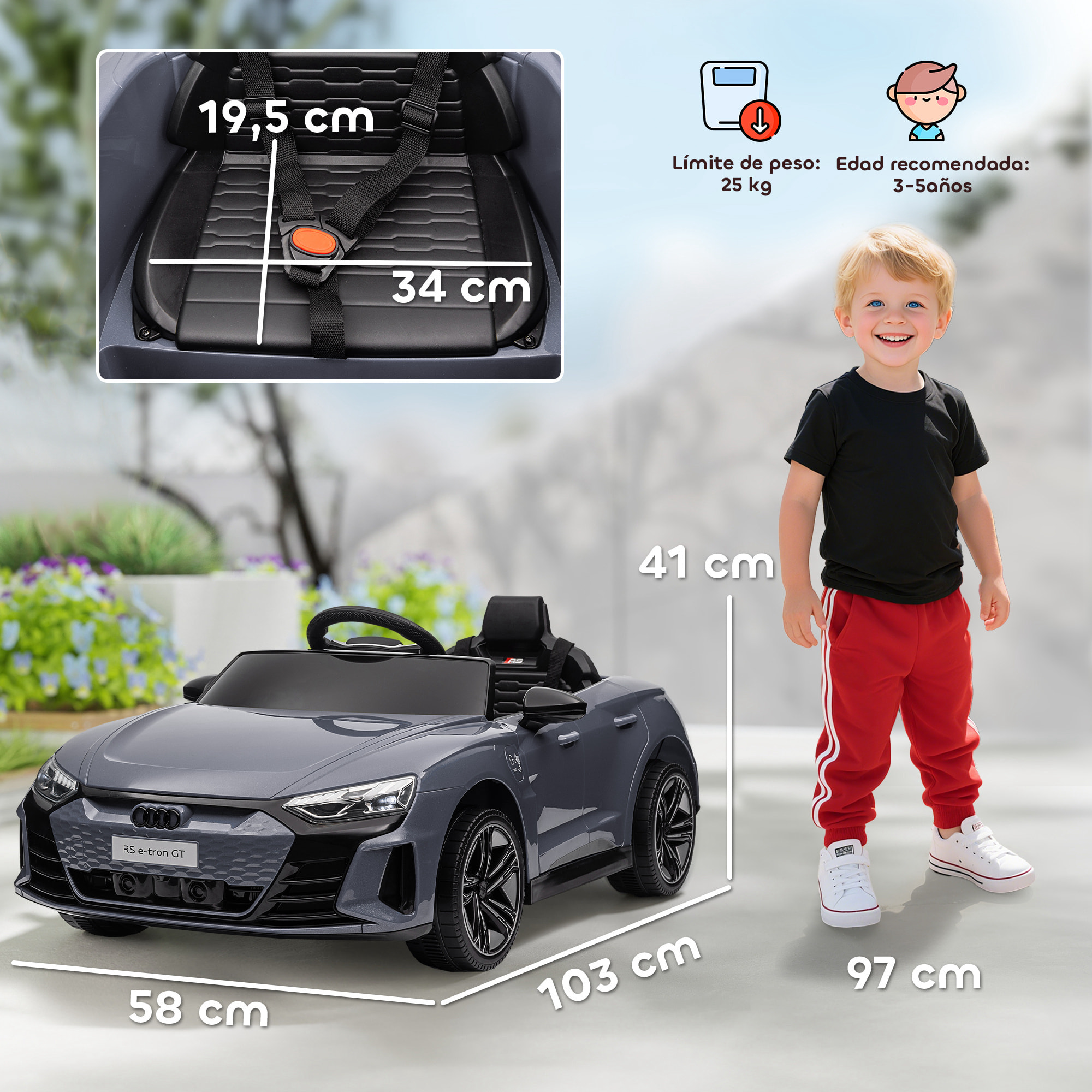 Coche Eléctrico para Niños de +3 Años AUDI RS e-tron GT Coche de Batería 12V con Mando a Distancia Faros LED Bocina Música USB y Apertura de Puerta 3-5 km/h Gris