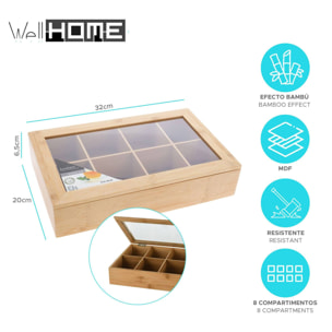 organizador de té de bambú con 8 compartimentos y diseño de aspecto natural