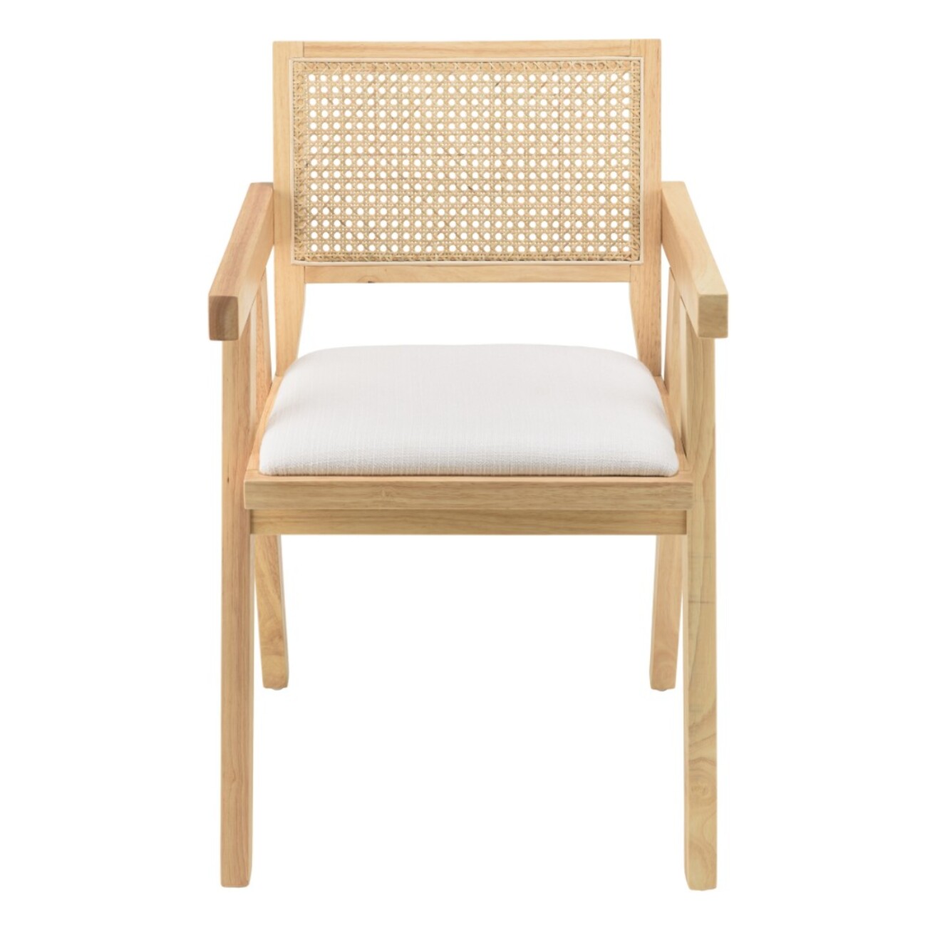 AGATHE - Fauteuil bois d'Hévéa assise tissu blanc dossier rotin naturel