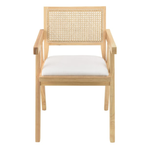 AGATHE - Fauteuil bois d'Hévéa assise tissu blanc dossier rotin naturel
