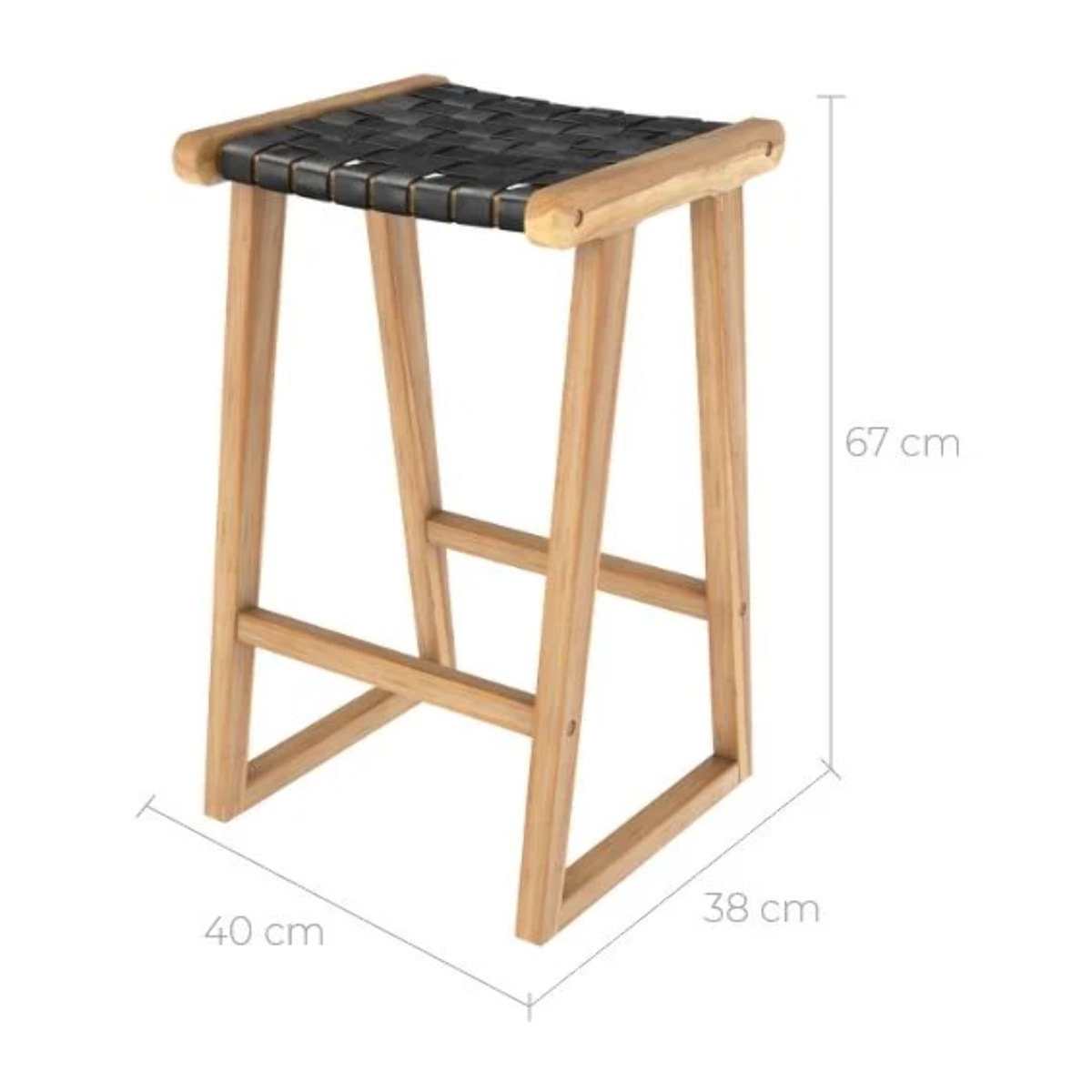 Tabouret pour îlot central 65 cm en teck et cuir tressé noir - Yuma