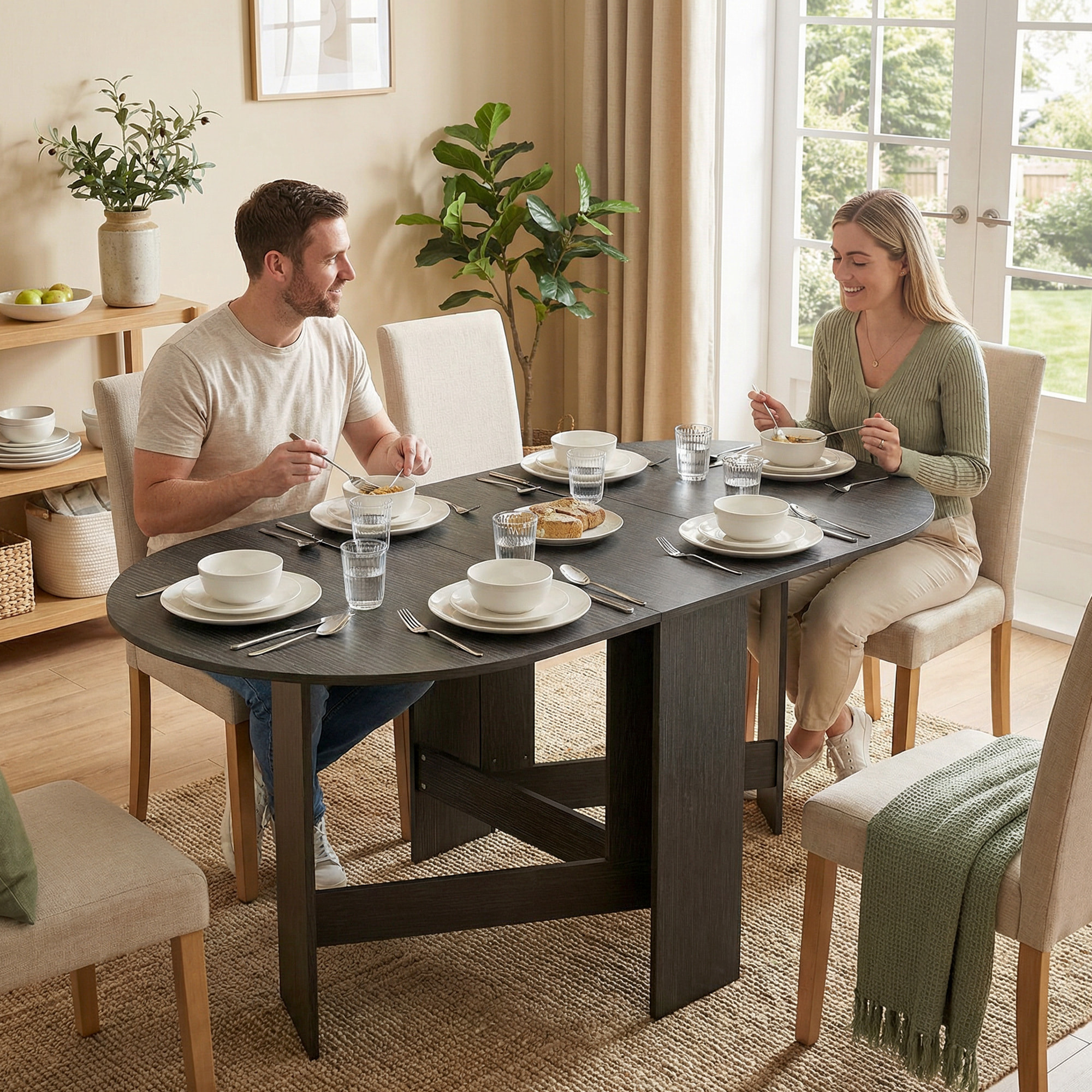 Mesa Plegable de Comedor, Mesa de Cocina Plegable Ovalada, 163x80x75 cm con Alas Abatibles, Hasta 6 Personas, para Comedor, Salón, Espacio Pequeño, Negro