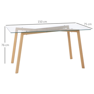 Mesa de Comedor para 6 Personas Mesa de Cocina Moderna con Tablero de Vidrio Templado y Patas de Acero con Efecto Madera para Salón 150x75x76 cm Transparente