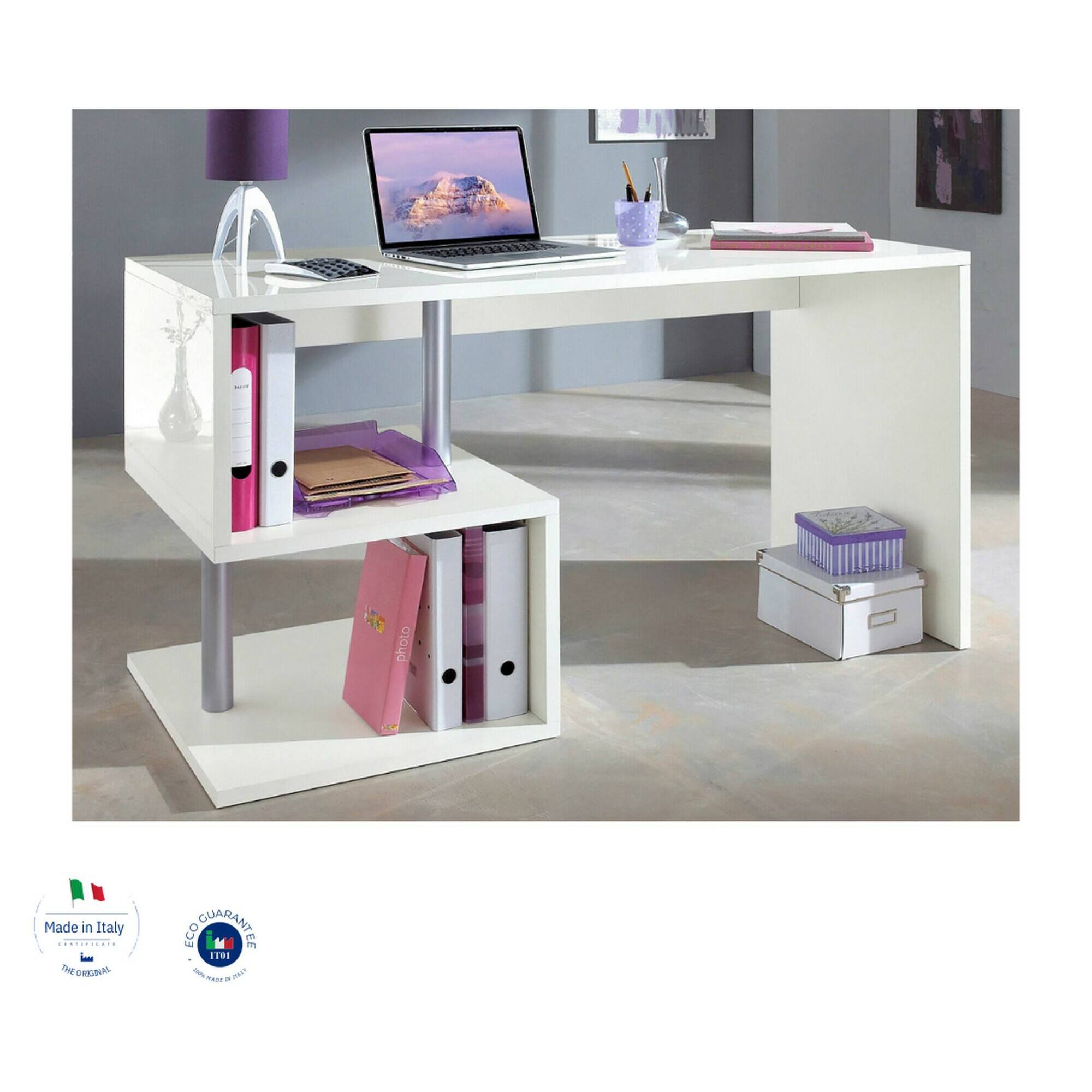 Scrivania Atemis, Scrittoio lineare porta PC, Tavolo multiuso per ufficio, Scrivania salvaspazio multiposizione, 100% Made in Italy, cm 140x60h78, Bianco lucido