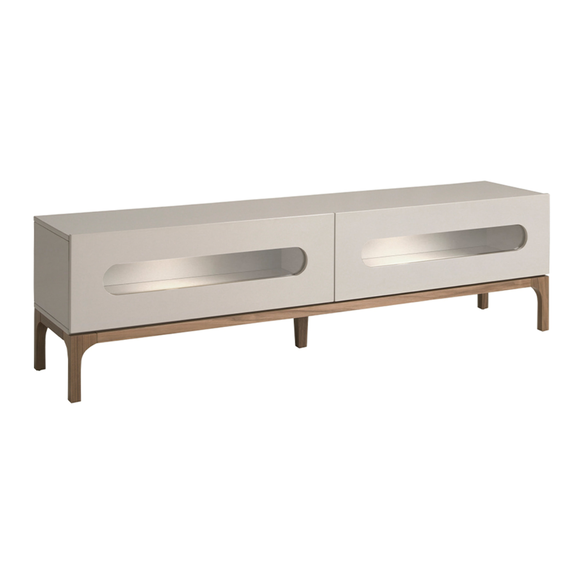 Mueble TV Angel Cerdá con estructura de madera de MDF en gris y patas de madera en nogal con iluminación interior 180x41x51cm