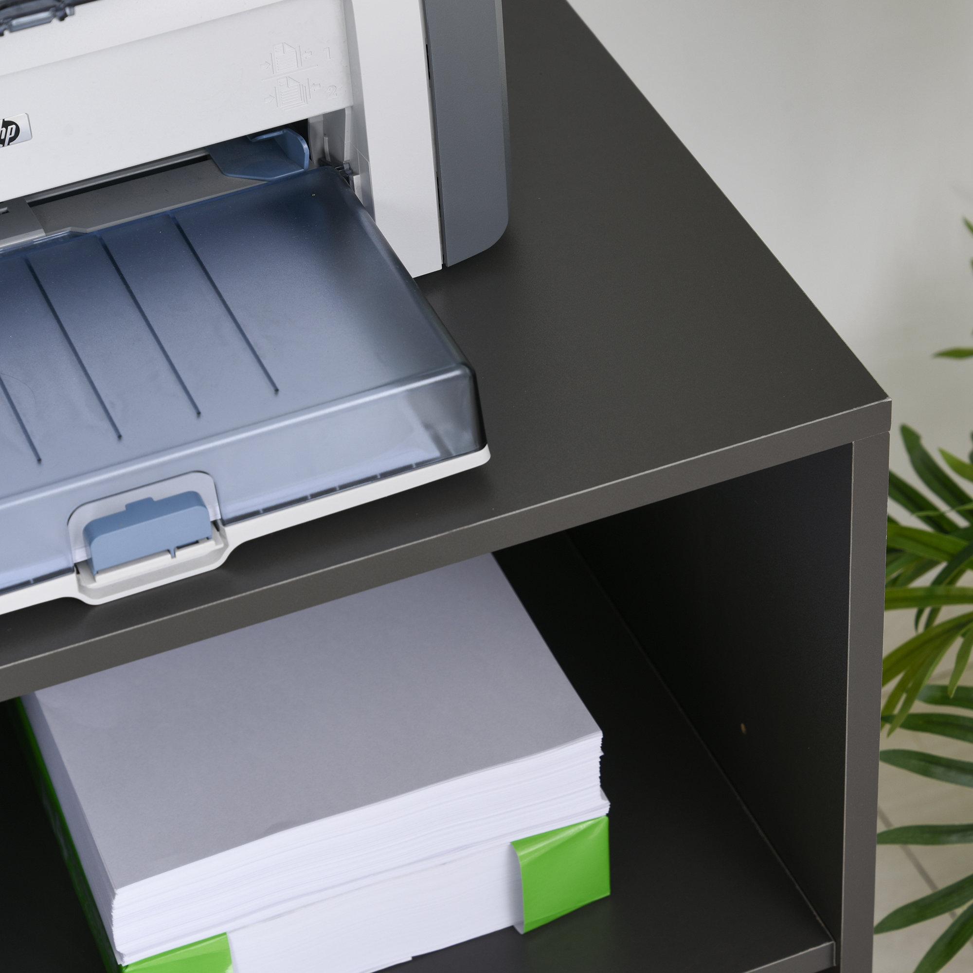 HOMCOM Support d'imprimante organiseur bureau caisson 3 tiroirs + 2 niches + grand plateau panneaux particules gris