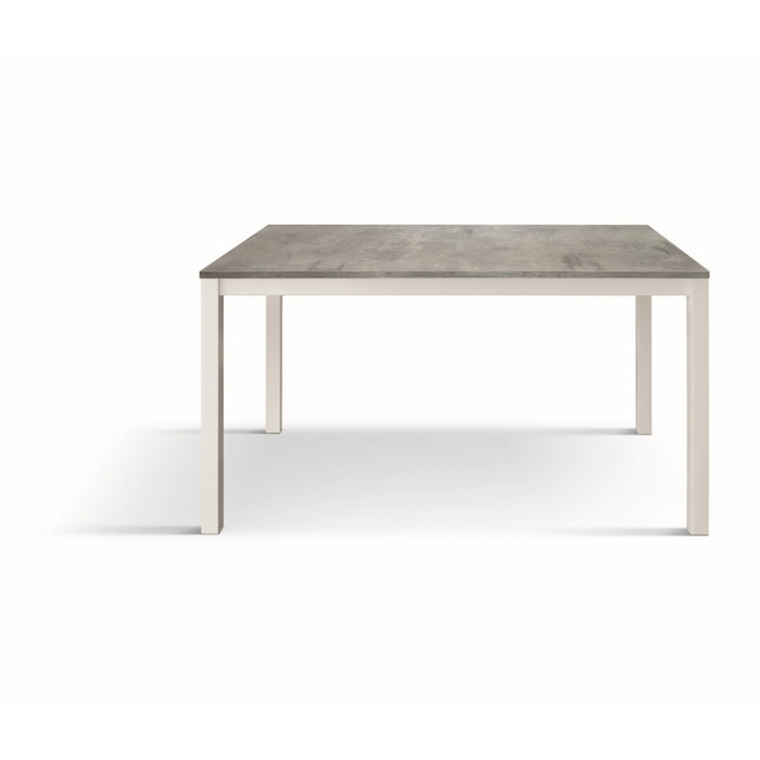 Tavolo TROPEA in legno, finitura grigio cemento e base in metallo verniciato bianco, allungabile 160x90 cm - 210x90 cm