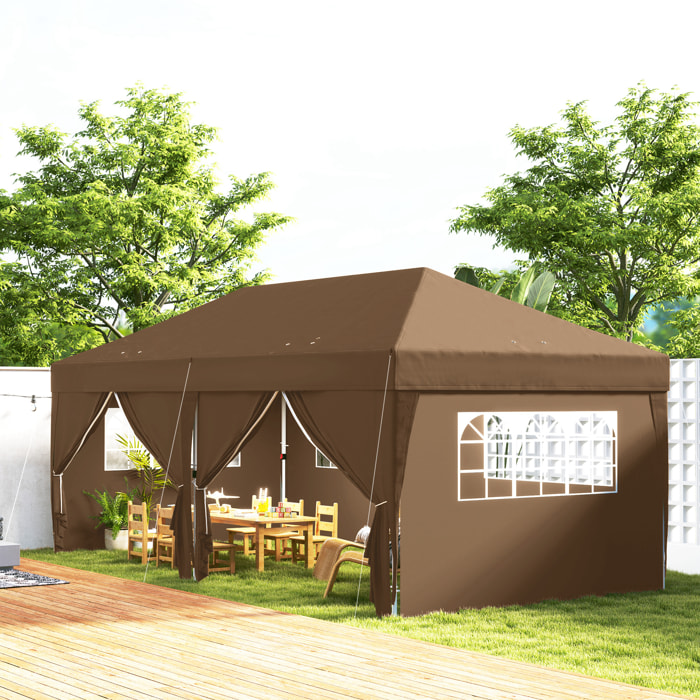 Carpa Plegable Gazebo 6x3 m Cenador Plegable con 6 Paredes Laterales Impermeable Anti-UV y Bolsa de Transporte Pabellón de Jardín para Camping Fiestas Café