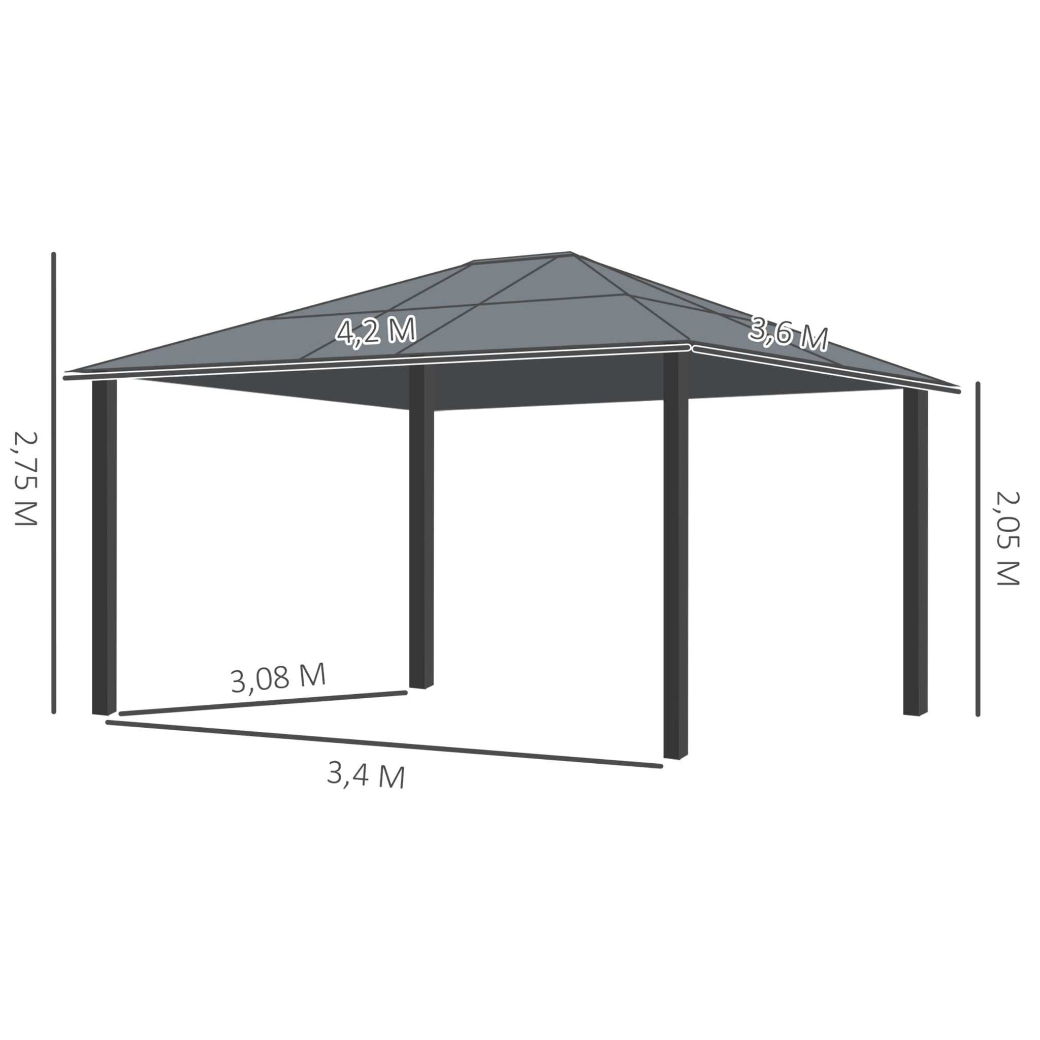 Cenador de Jardín 4,2x3,6 m Pabellón de Aluminio Exterior con Techo de Policarbonato 4 Cortinas Laterales y 4 Mosquiteras con Cremallera para Fiestas Eventos Marrón