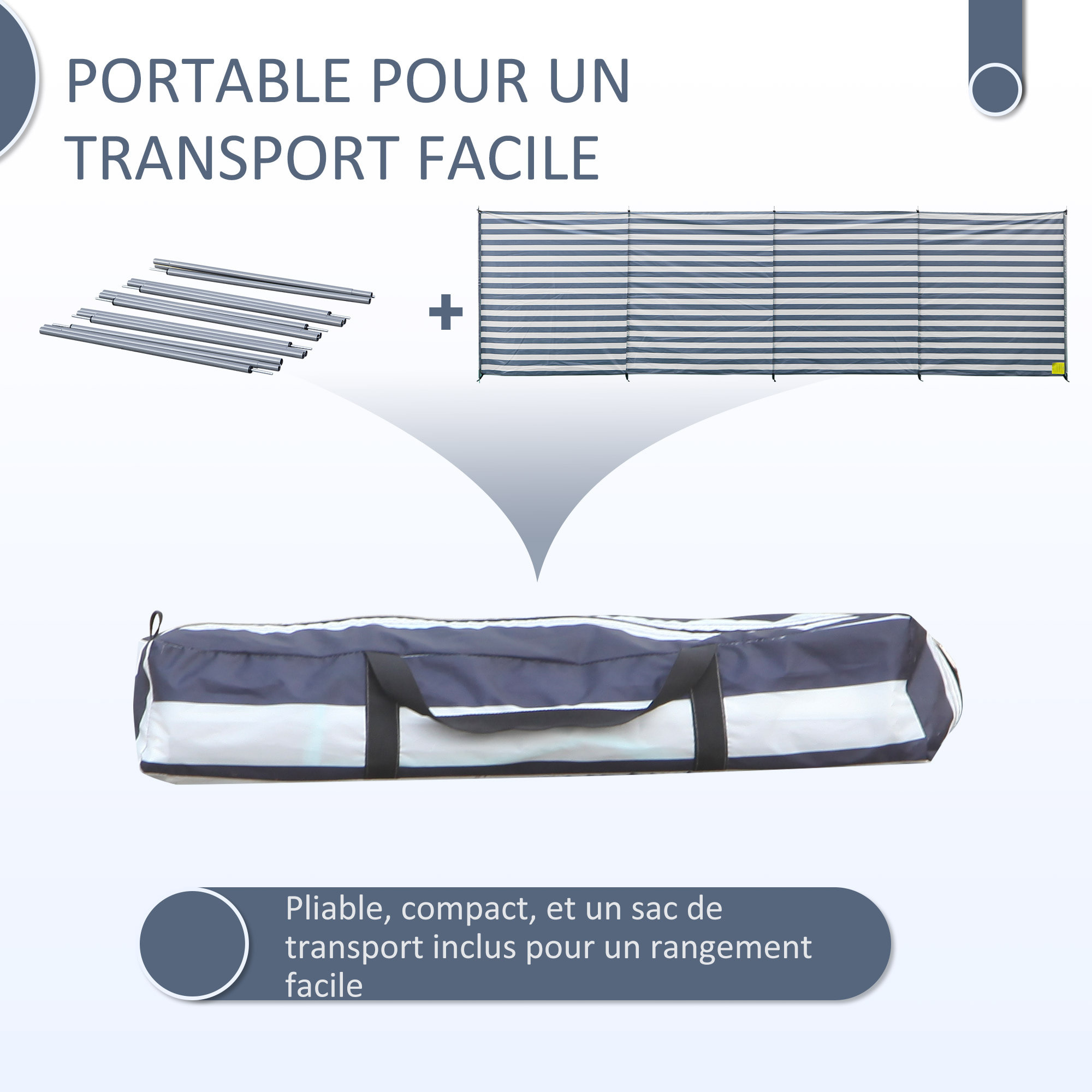 Paravent brise-vue de camping portable pliable avec sac de transport et poteaux dim. 540 cm x 150 cm acier polyester bleu blanc rayé