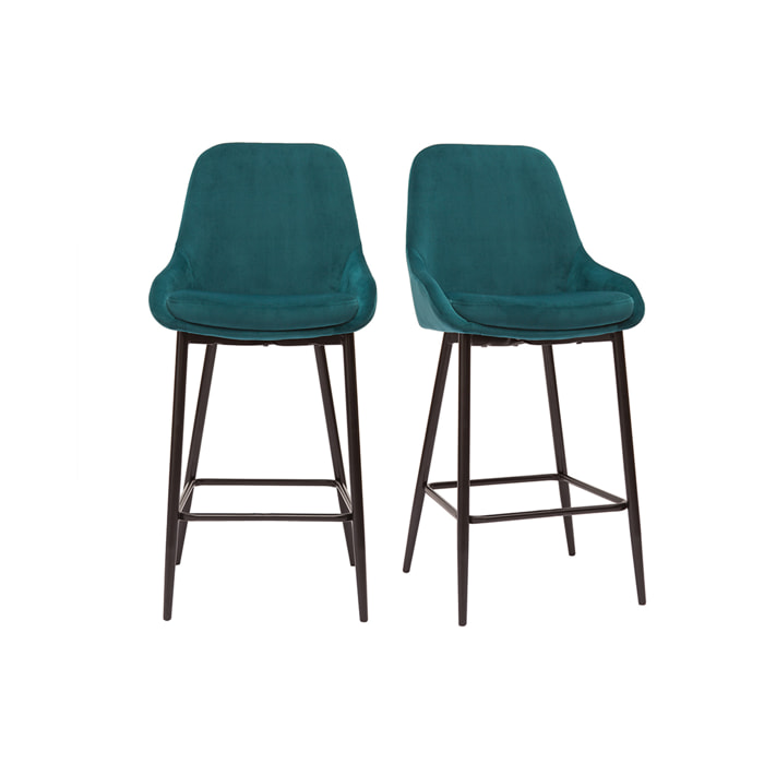 Tabourets de bar en tissu velours bleu pétrole et métal noir H65 cm (lot de 2) HOLO