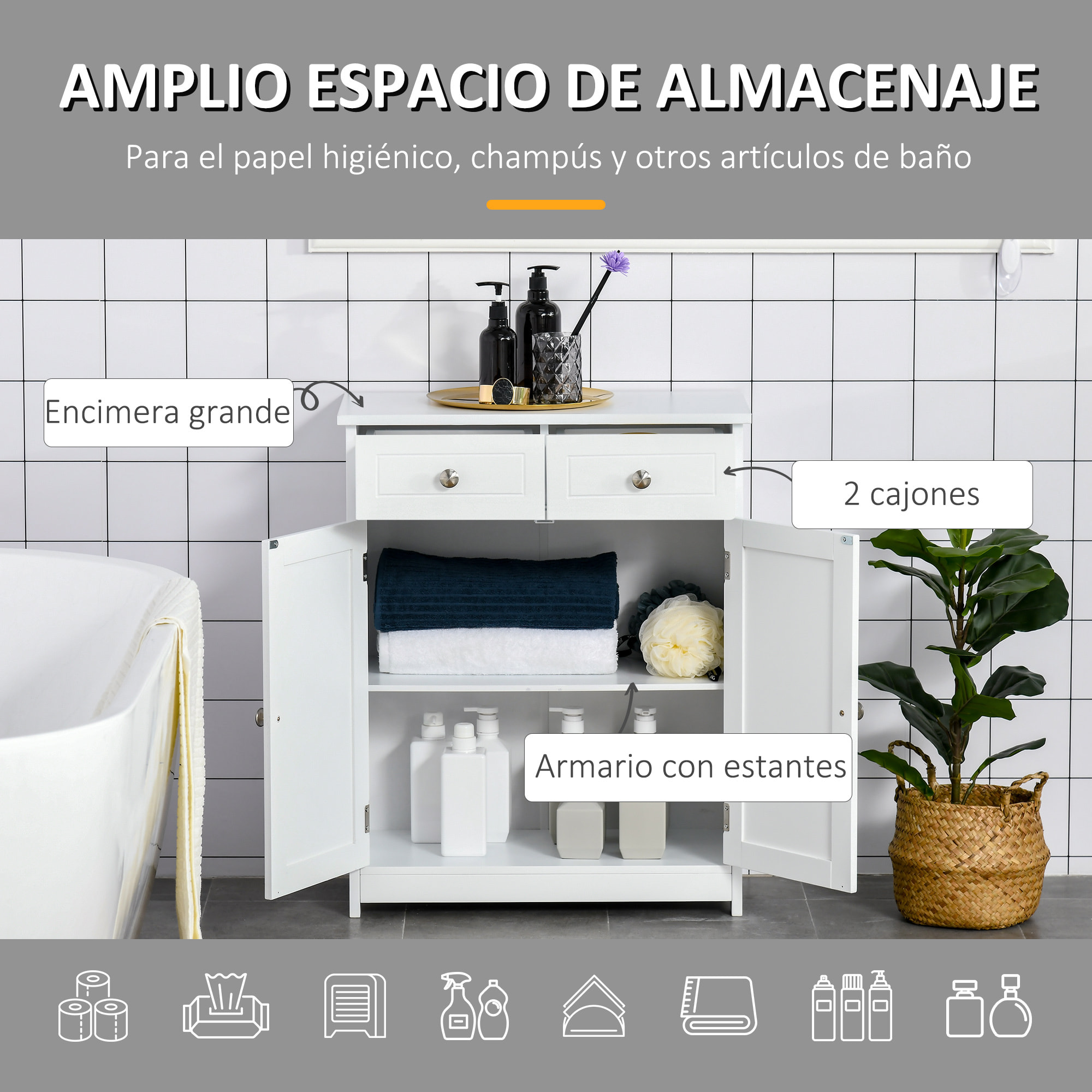Armario Auxiliar de Baño con 2 Cajones 2 Puertas y Estante Ajustable 60x30x75 cm