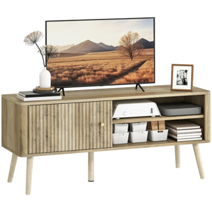 Mueble de TV, Mesa de TV 115 cm, Mueble para Televisión hasta 55 Pulgadas, con Puerta Acanalada, Estante Ajustable, Compartimentos Abiertos y Orificio para Cables, para Salón, Comedor, Roble