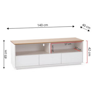 Mueble TV Bob 3 cajones 2 Huecos Blanco/Roble, Madera Maciza