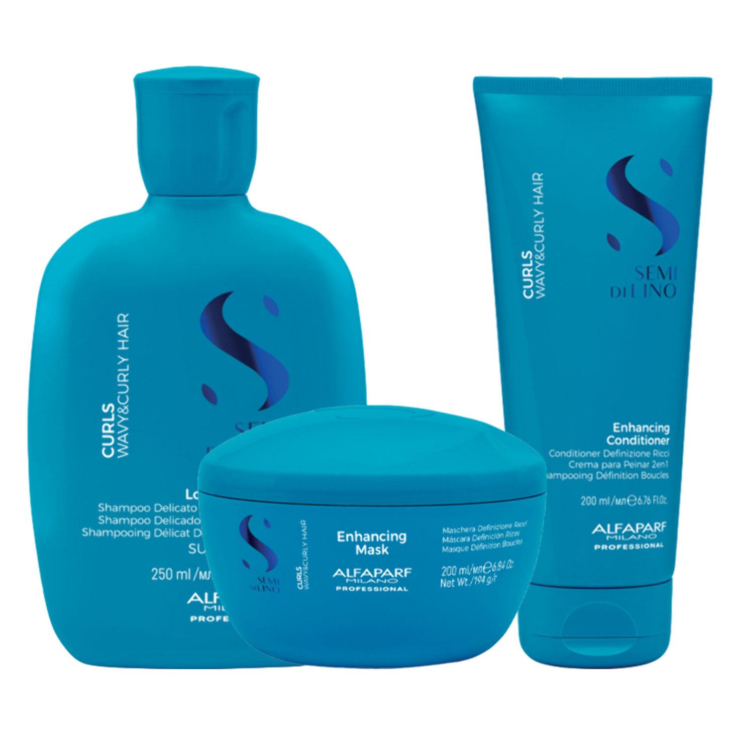 ALFAPARF MILANO Kit Semi Di Lino Curls Enhacing Shampoo 250ml + Mask 200ml + Conditioner 200ml