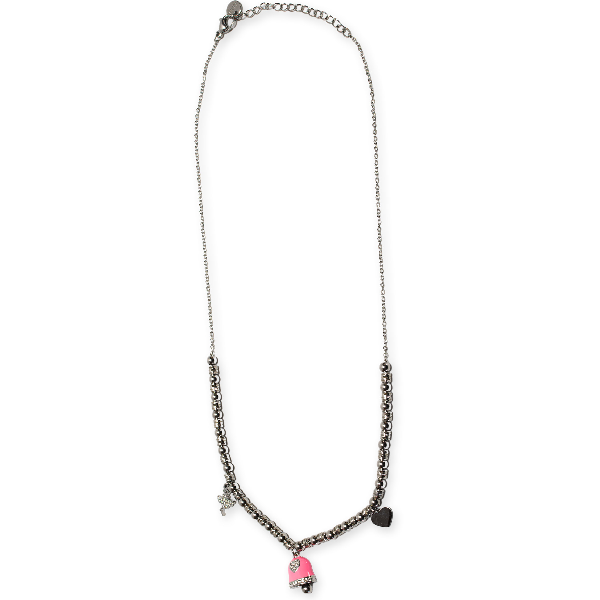 Collana in acciaio silver a sfere con charms rosa e strass