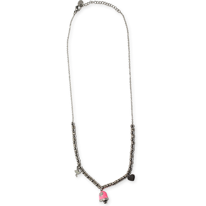 Collana in acciaio silver a sfere con charms rosa e strass