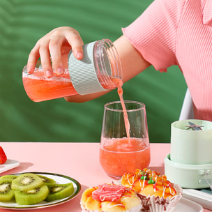 Frullatore portatile multifunzione K1 da 350 ml con 6 lame in acciaio, sicurezza a doppio clic e batteria ricaricabile.