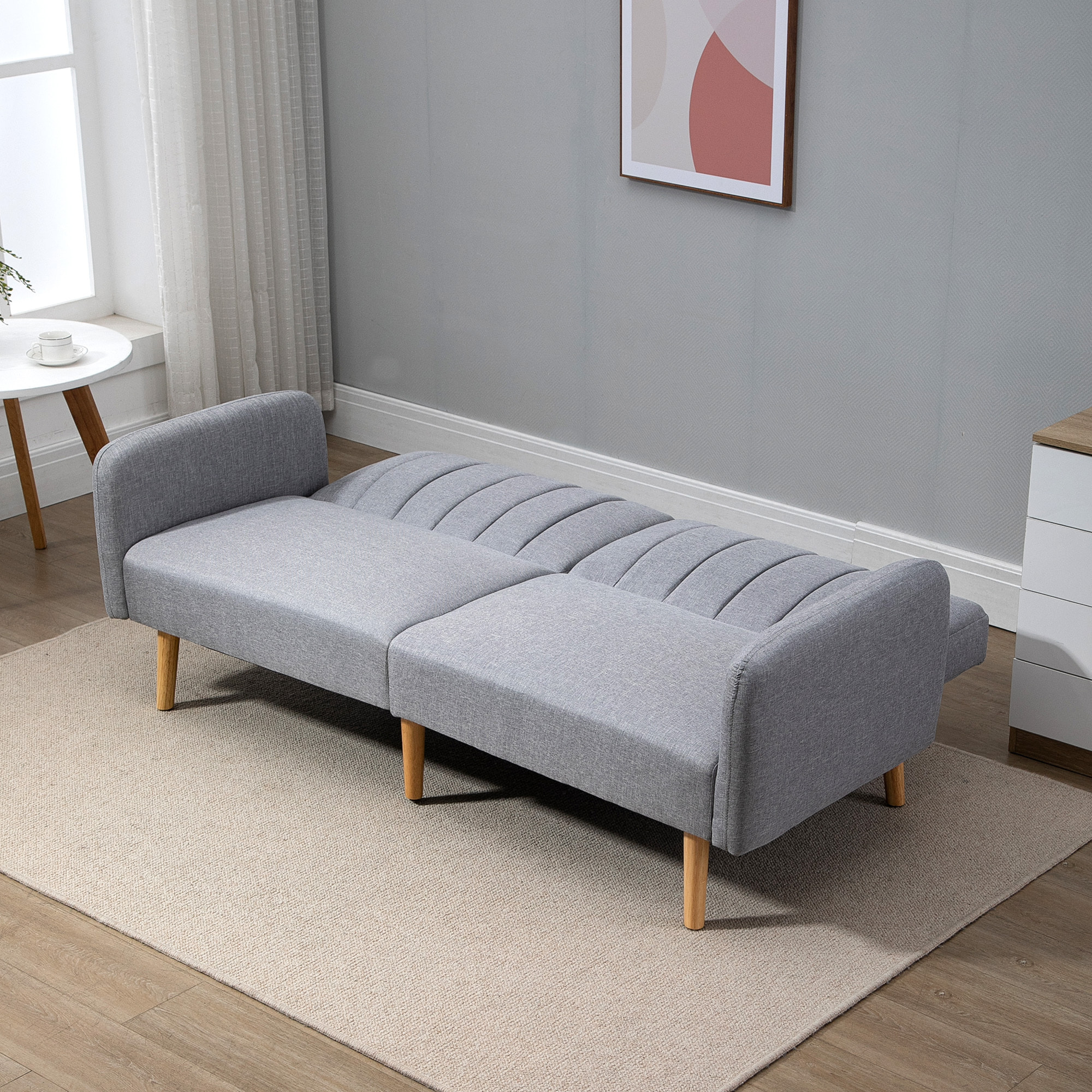 Canapé convertible 2 places design scandinave dossier inclinable 3 positions pieds bois tissu aspect lin gris