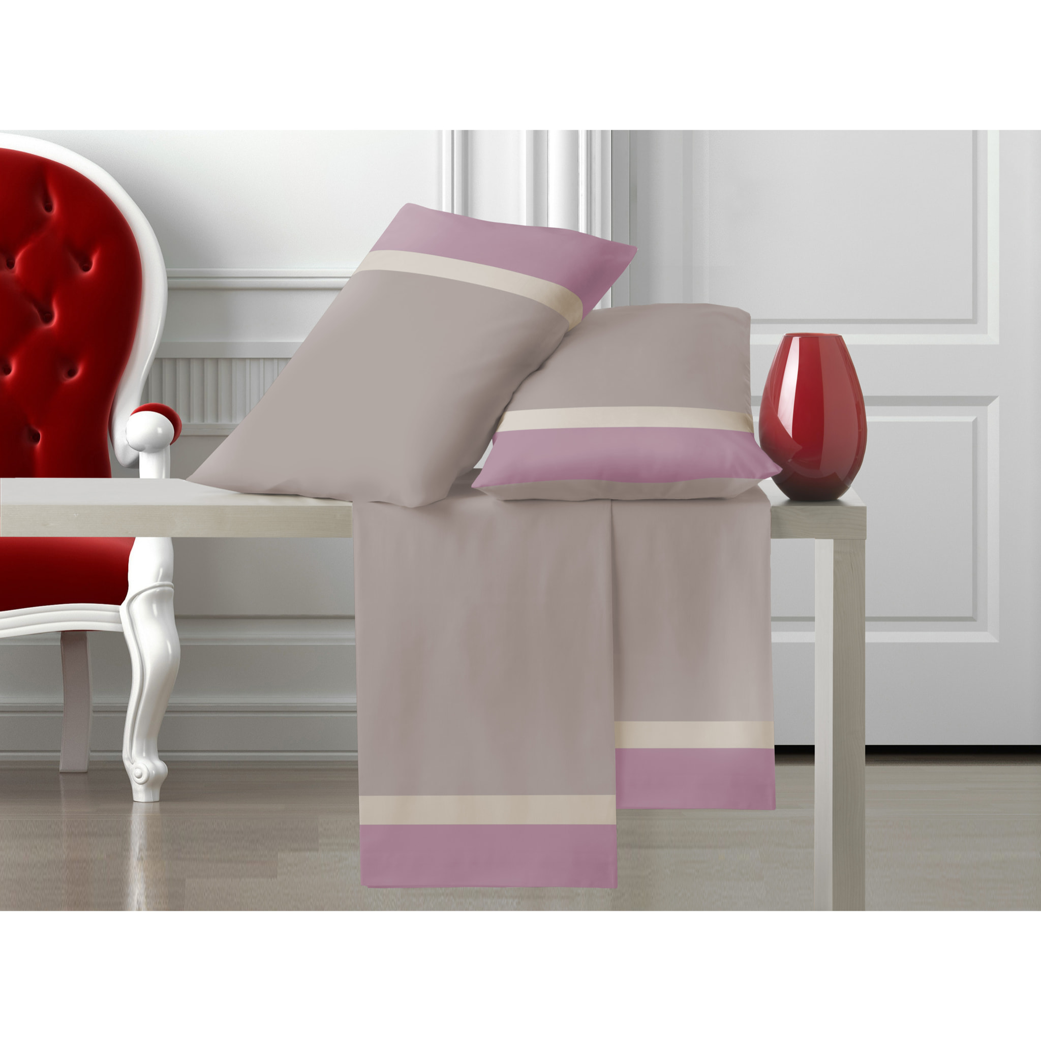Completo letto doppia balza RASO IPERSAN Puro Cotone Malva/Panna fondo Tortora