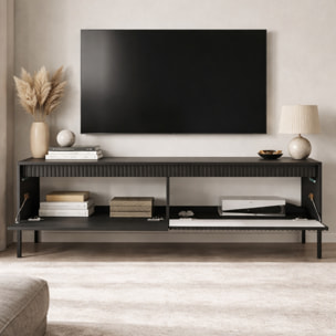 Mobile TV Moderno Con 2 Ante Push To Open Design Scanalato Elegante Minimal Base In Metallo Per Soggiorno Salotto 187.1 x 53.4 x 39.5 Cm Nero