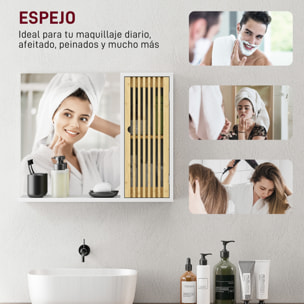 Espejo de Baño 60x50 cm, Espejo de Pared con Puerta de Listones de Bambú, Estantes de Almacenaje, Blanco y Natural