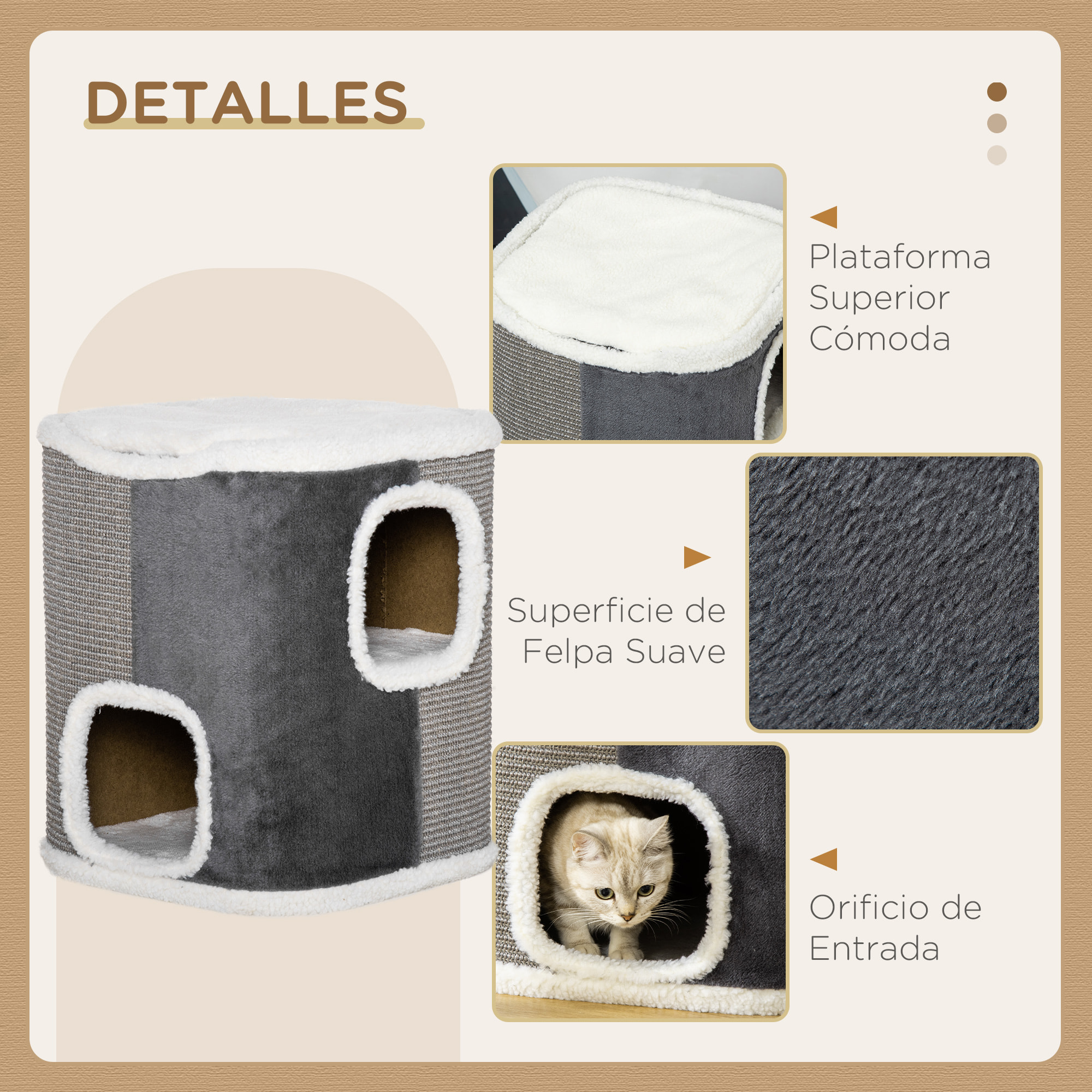 Barril Rascador para Gatos 2 Niveles con Cuevas de Sisal Felpa 40x40x49 cm Gris