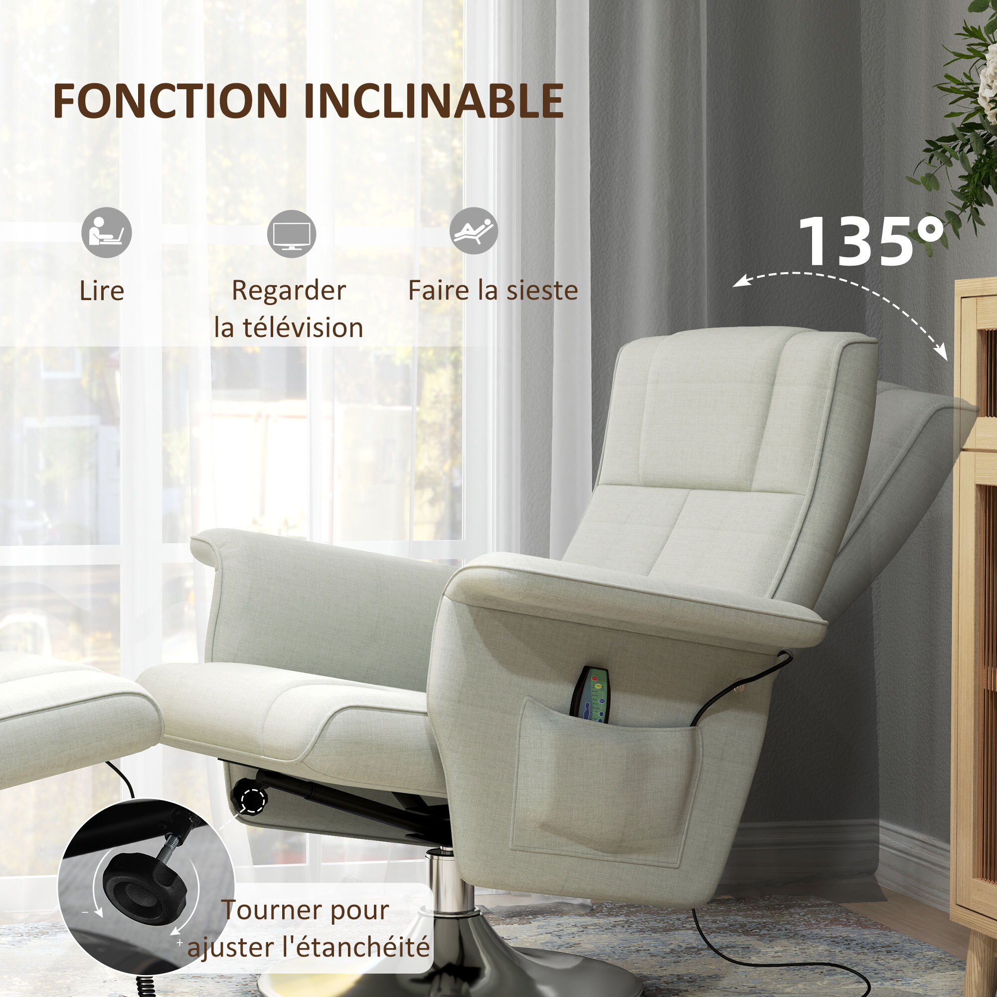 Fauteuil relax massant inclinable réglable avec repose-pied piètement acier chromé tissu grège clair