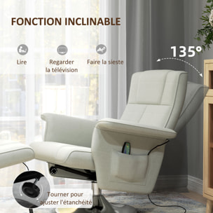 Fauteuil relax massant inclinable réglable avec repose-pied piètement acier chromé tissu grège clair