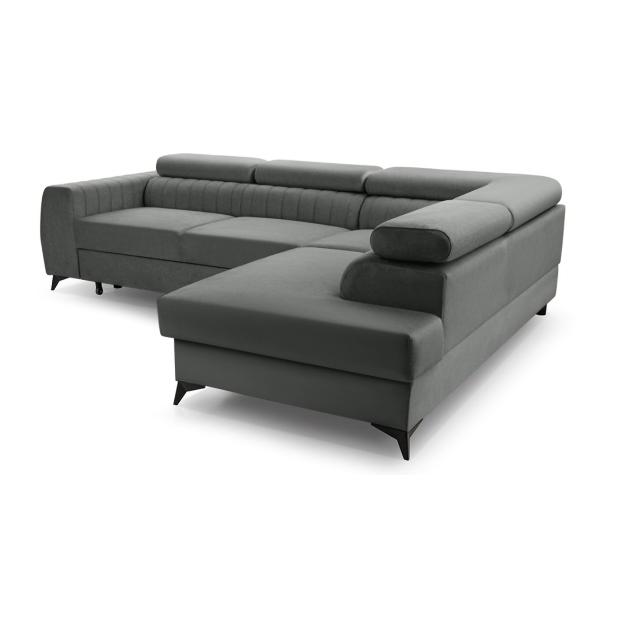 Aneta - canapé d'angle droit 5 places - convertible avec coffre et têtières - en velours - Gris