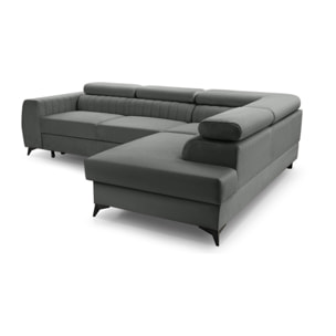 Aneta - canapé d'angle droit 5 places - convertible avec coffre et têtières - en velours - Gris