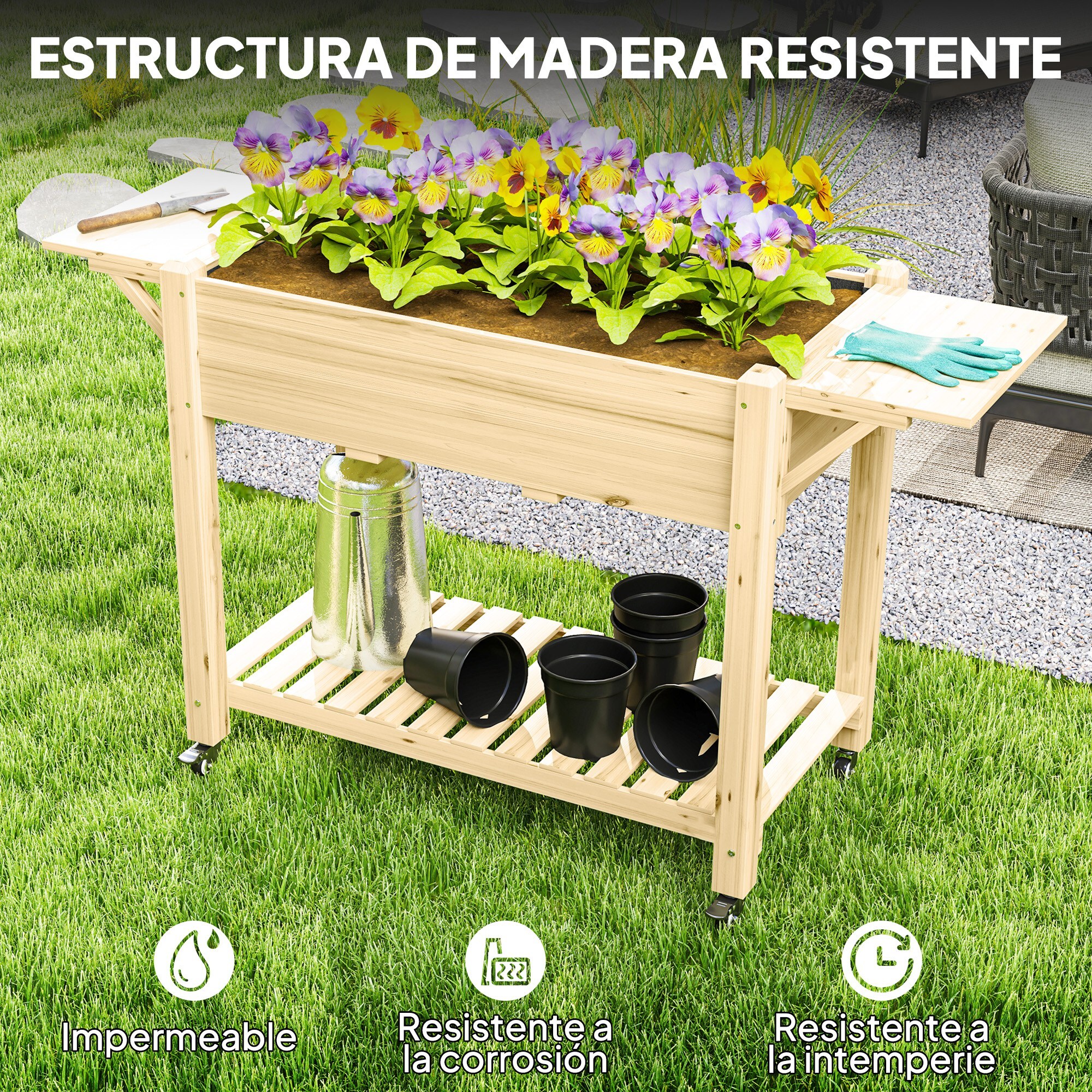 Huerto Urbano de Madera Mesa de Cultivo con Ruedas Estante y Repisas Plegables Jardinera Elevada para Cultivo Flores Vegetales en Jardín Terraza 145x52x86 cm Natural