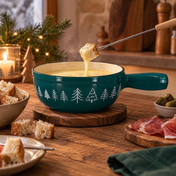 Caquelon en fonte 1,9L bleu canard avec décor sapin MONTAGNE