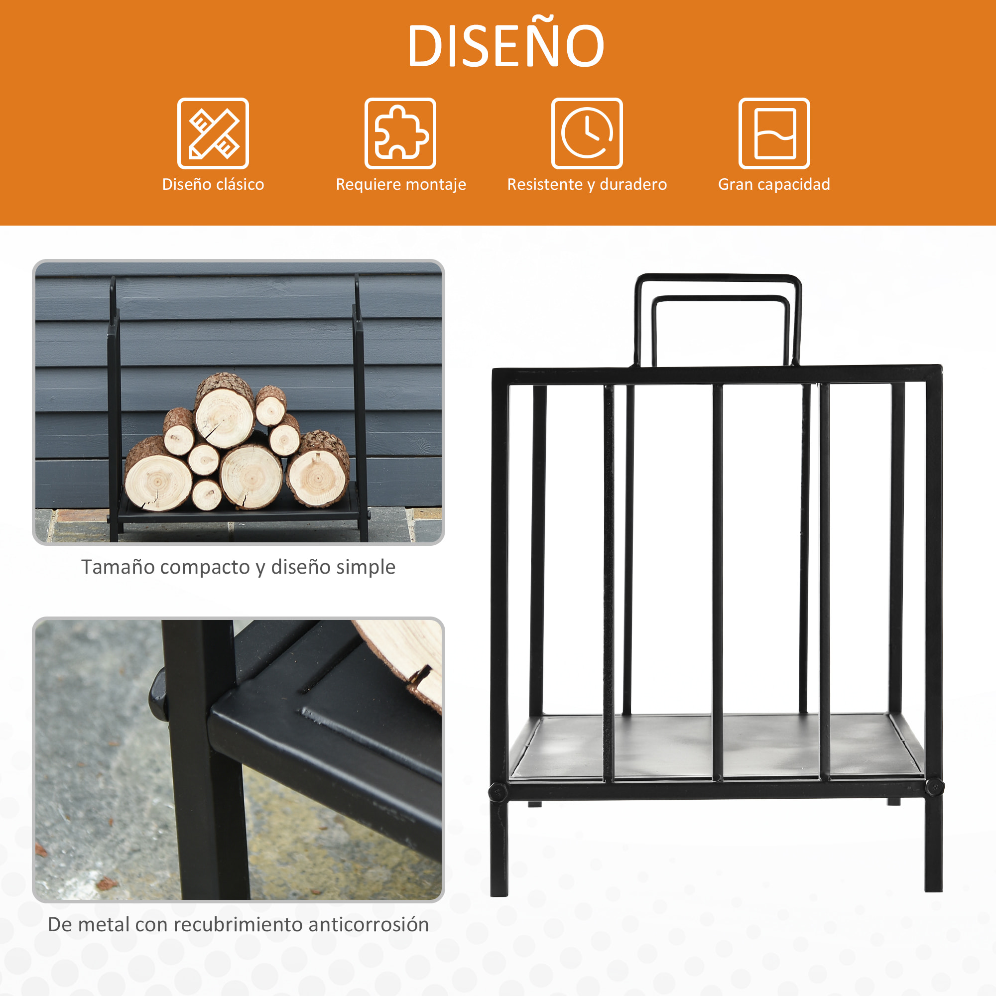 Leñero Estante de Leña para Chimenea Tradicional con Asas 44,5x33x46,5 cm Negro