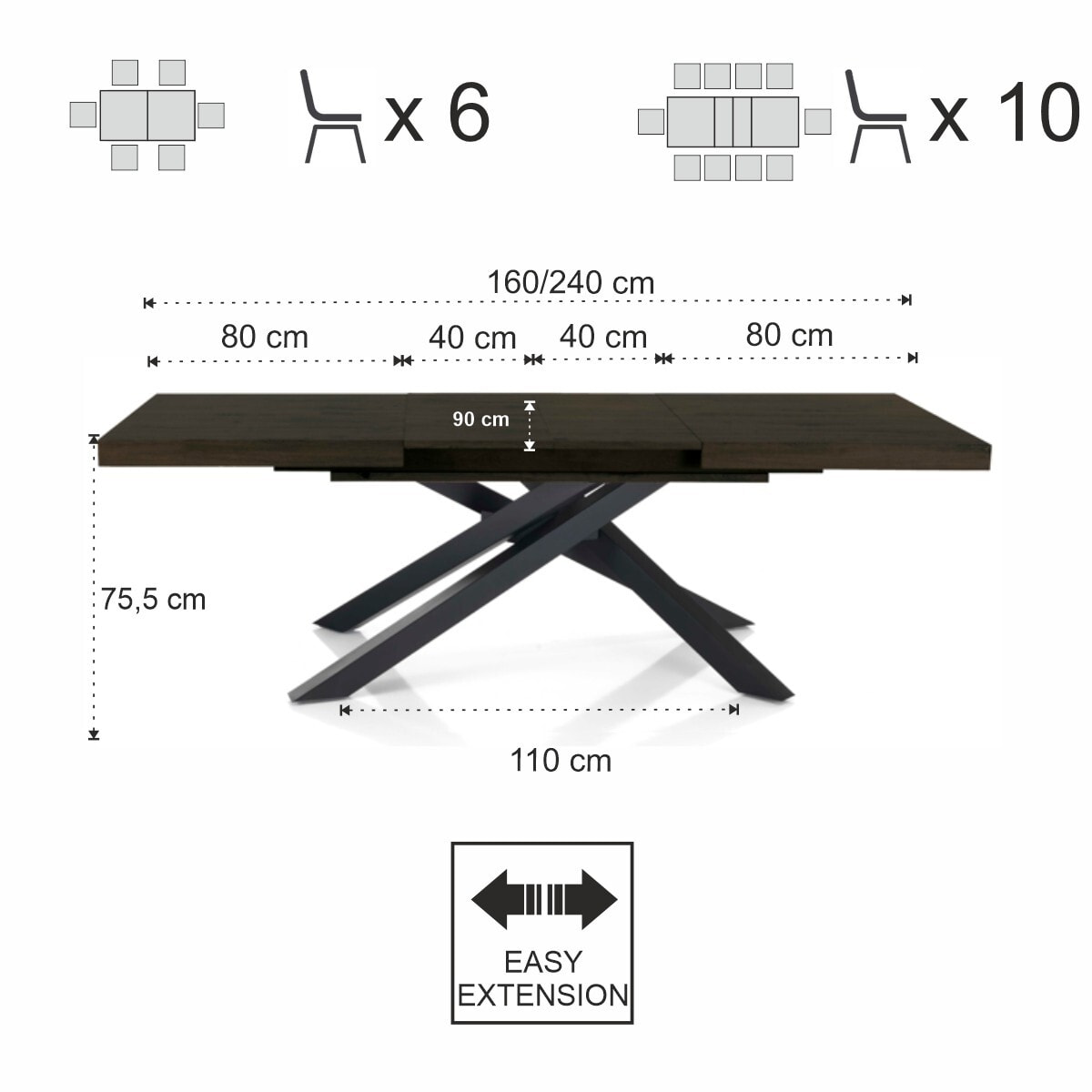 Table à manger extensible Tomasucci HELT, en MDF finition noyer, 90 × 160 × 75,5 cm