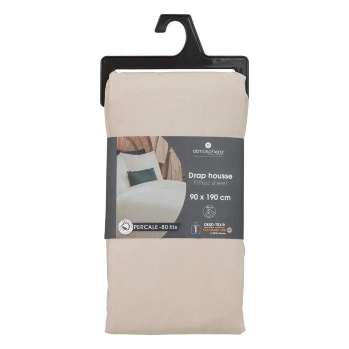 Drap-housse - percale - beige lin - 90x190 cm