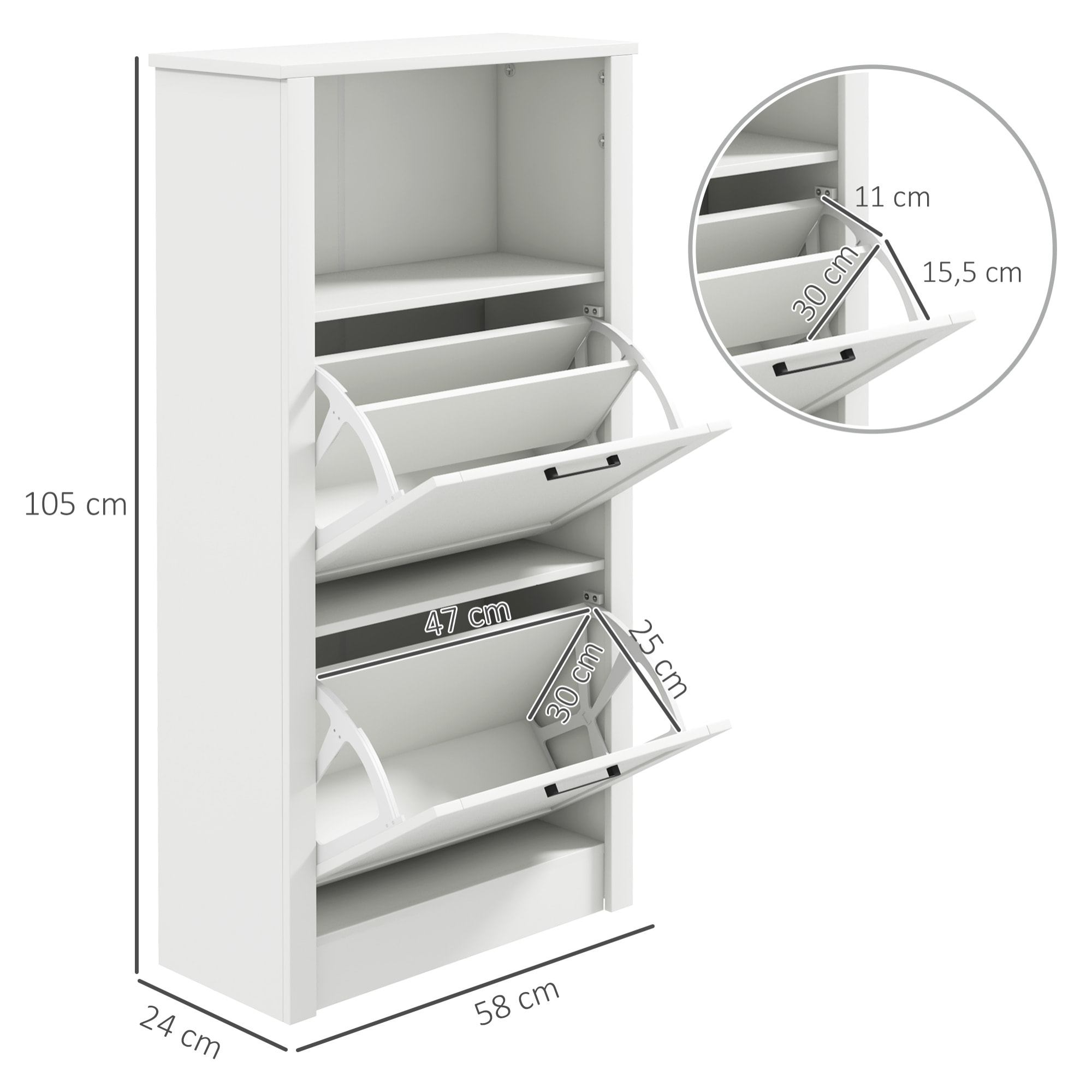 Zapatero Estrecho con 2 Puertas Zapatero Entrada Recibidor con Estantes Ajustables y Compartimento Abierto para 10 Pares de Zapatos 58x24x105 cm Blanco