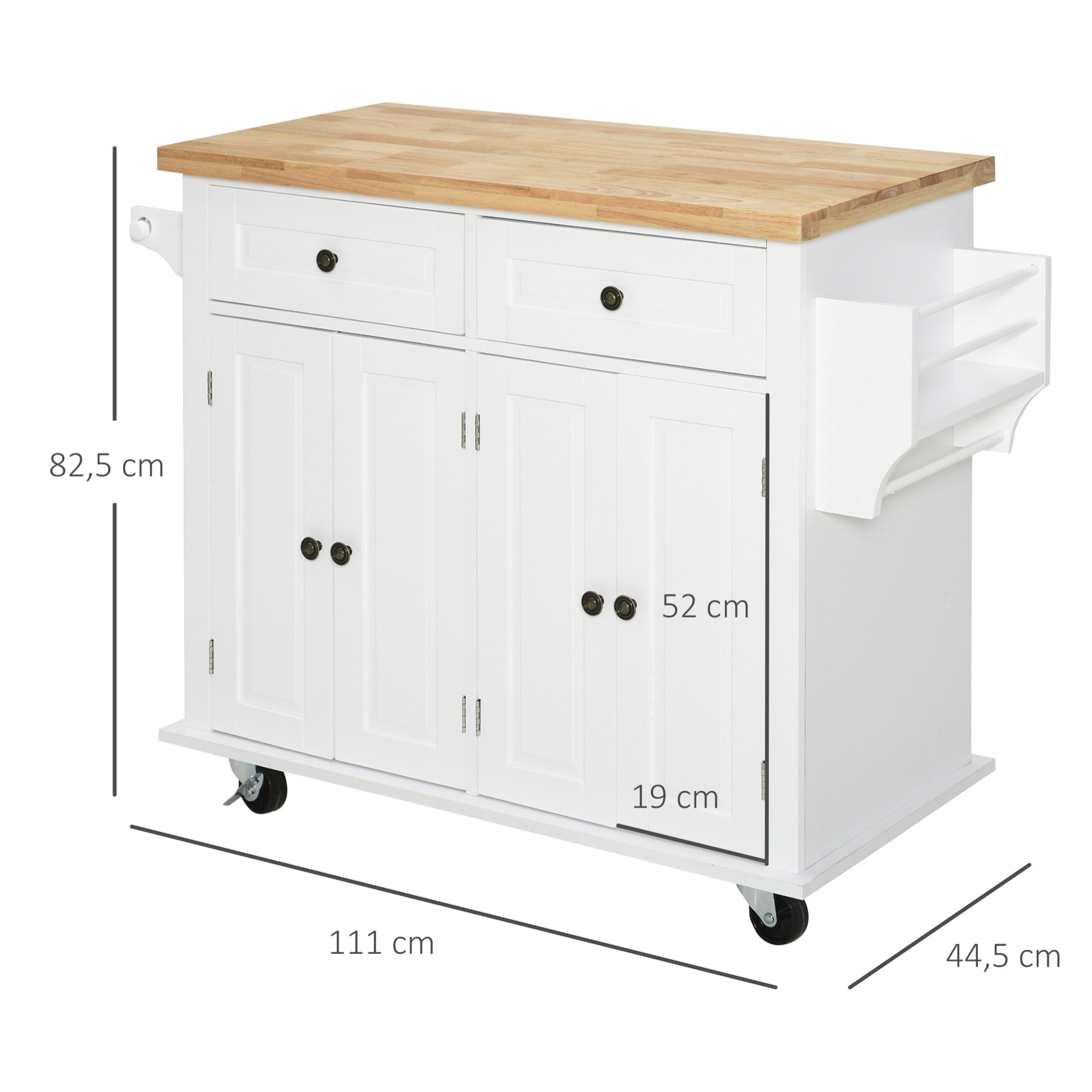 Isla de Cocina con Ruedas 2 Cajones 4 Puertas Especiero y Barra 111x44,5x82,5 cm