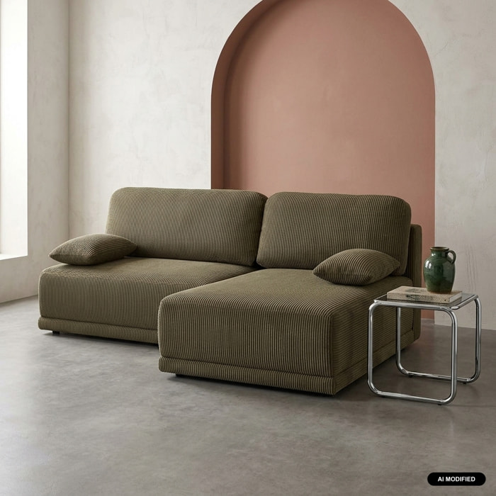 Banquette canapé d'angle droit convertible 3 places velours côtelé avec coffre NELSON
