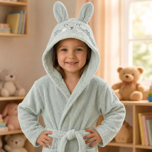 Peignoir enfant enfant pur coton 420 g/m² brodé vert Petit lapin vert d'eau